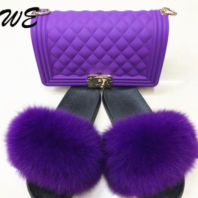 China Wholesale Lightweight Furry Warm Fur Slides Fur Slippers Fox Fur Slides And Purse Handbag Matching Set for sale