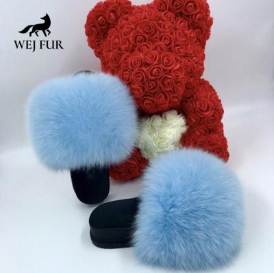 China Slight Accept Customized Color Popular Big Fox Fur Slides Fluffy Fur Slides for sale