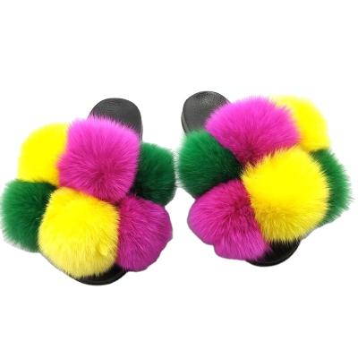 China New Lightweight Design Beautifully Designed Ladies Color Real Luxury Natural Mixed Color Fox Fur Ball Slippers for sale