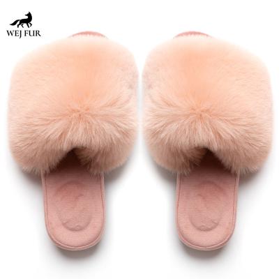 China Fashion Lightweight Wholesale Black Fox Fur Slides Plush Home Plain Pink Women Flat Fur Slides Fluffy Sandals for sale