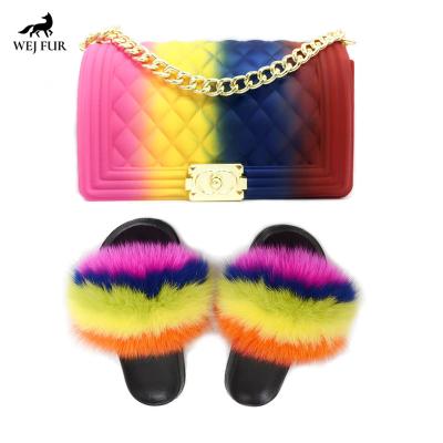 China Fashion New Real Light Designer Women Colorful Fluffy Fox Fur Slippers With Matching Handbag Jelly Bag Set for sale