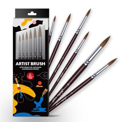 China Wholesale 6pcs Paitning Wooden Handle Weasel Hair Round Shape Acrylic Artist Brushes Set Oil Painting Brush For Oil Acrylic Watercolor for sale