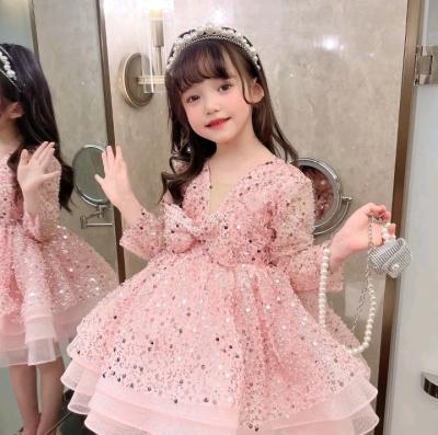 China Washable Sequin Pink Girls' Fluffy Gauze Dress Long Sleeved Dress Princess Dress for sale