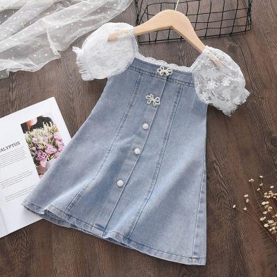 China New Girl's Fashionable Bubble Sleeve Lace Princess Denim Short Skirt Washable for sale