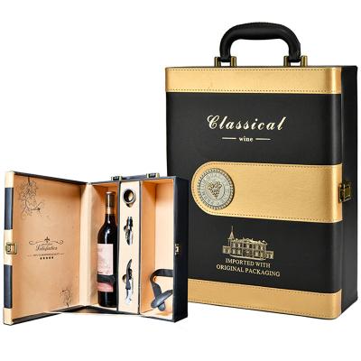 China Handmade Custom Empty Black Gold Leather Sublimation 2 Bottle Wine Bottle Gift Packing Box With Accessories for sale