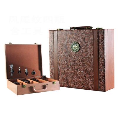 China 4 Bottle Free Sample Brown Leather Handmade Wine Box Luxury PU Wine Box Luxury Wine Box With Bar Tool for sale