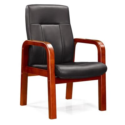 China 2021 high quality leather visitor meeting room conference chair four wood frame wooden legs with armrest for sale