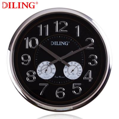 China New DILING Classic/Postmodern Silent Wall Clock With Temperature Hygrometer 15inch Elegant Silver Mirror Digital Quartz Clock For Modern Living Room for sale