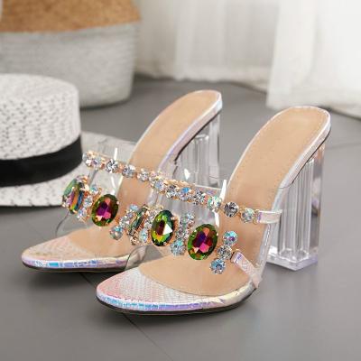 China Fashion trend 2022 summer large size 42 fashion trend luxury transparent faux stone block factory high heel women's thick sandal for sale