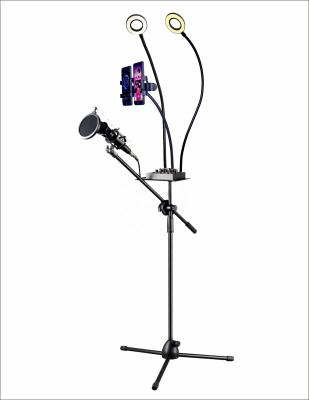 China Live Broadcast Microphone Live Stand Set LED Camera Steel Light for Live Broadcast with 3 Phone Hodlers for sale