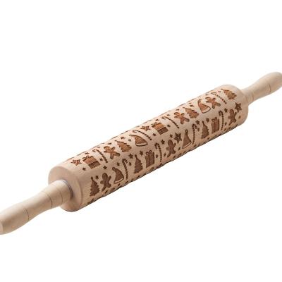 China Sustainable Factory direct sales Christmas gifts deep embossed rolling pin cookies Solid wood rolling pin a variety of patterns customized for sale