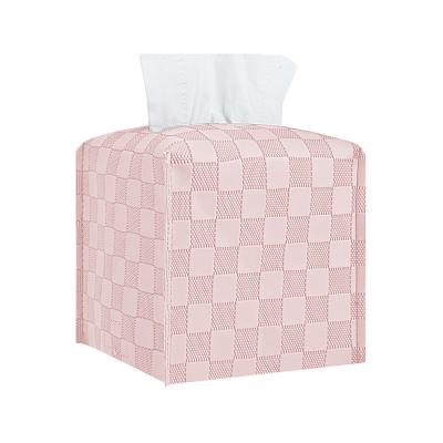 China Newest Grid PU Tissue Box Holder Durable Leather Square Tissue Box Lid Pink Color for sale