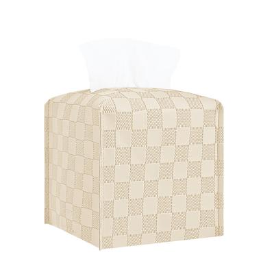 China Durable Leather Beige Bathroom Tissue Box Holder Grid Grid PU Home Decor for sale