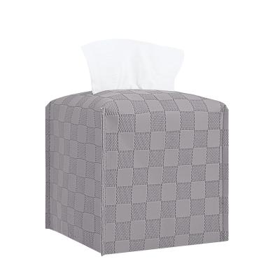 China New PU Gray Tissue Box Rack Square Grid Tissue Box Cover Durable Leather Bathroom Home Decor for sale