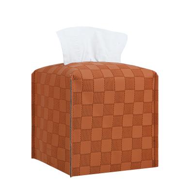 China Durable Leather Beige Bathroom Tissue Box Holder Grid Grid PU Home Decor for sale