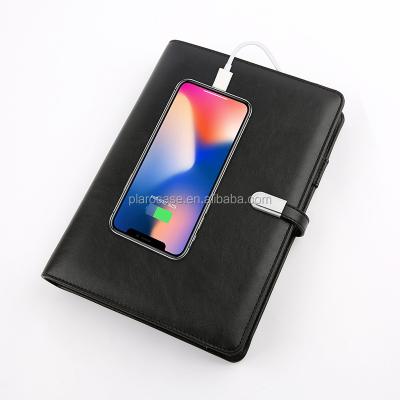 China Fast Charging Power Bank Custom Leather Diary A6 A5 Notebook With Pen Holder USB Lock for sale