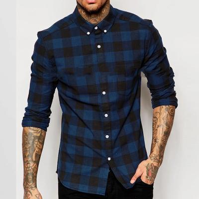 China Anti Shrink Men's Skinny Shirt in Navy Buffalo Check with Long Sleeves for sale