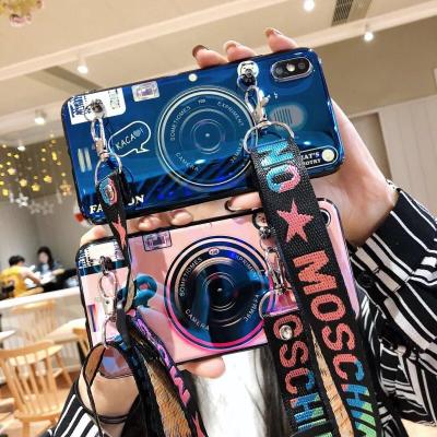 China 3D PC Camera Phone Case Mirror Stand Led Selfie Light Cell Phone Case With Lanyard For iphone 11 pro S8 Max S9 S10 A10 A50 for sale