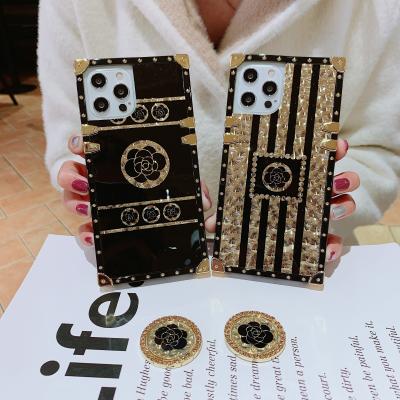 China Soft TPU For Samsung S21 S20FE Note20 S30 a12 Case Gold Bling Square Case With Stand for sale