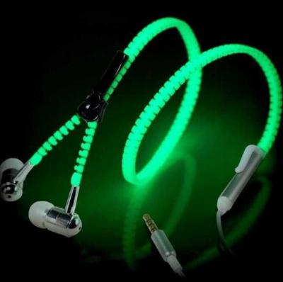 China Night Christ Gift In-Ear Metal Zipper Luminous Glowing Earphone 3.5mm Wired With Microphone Light Luminous Glowing In Dark Headset for sale