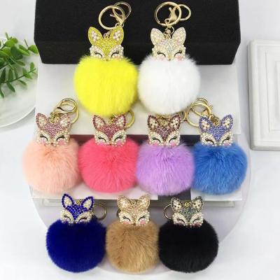 China Custom Plush Pendant Ornaments Fox Head Fox Head Crystal Toy DIY Alloy Civet Cats Rabbit Hair Ball Crystal Key Chain Key for sale