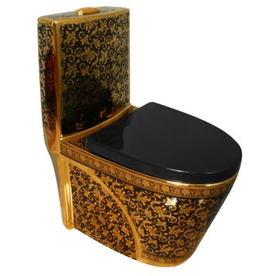 China Automatic Operation New arrival luxury delicate gold black flower pattern water tank one piece toilet for sale