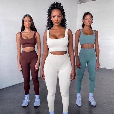 China Wholesale 2021 Breathable Full 7 Colors Ribbed Fabric Women Sports GYM Wear 2 Pieces Women Fitness Seamless Yoga Set for sale