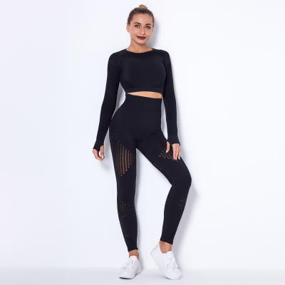 China 2020 Newest Fashion Mesh Striped Design High Waist Seamless Yoga Set Long Sleeve Yoga Set Women Fitness GYM Yoga Set Breathable Sportswear for sale