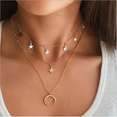 China 2020 new style star pentagon women's ornaments retro personality chain European CLASSIC moon multilayer necklace for sale