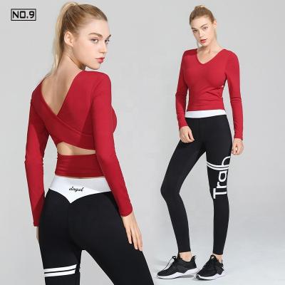 China 2022Freely Breathable Matched Seamless Women's Long Sleeve V-Neck Cross Back Sexy Top Women's Gymwear Fitness Sets for sale