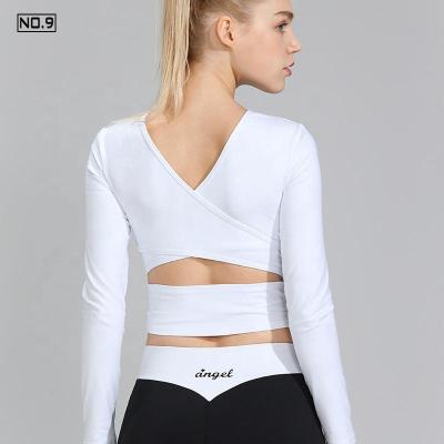 China Custom High Quality Women's Yoga Back Solid Color T-shirt Women's Breathable Cross Long Sleeve V-Neck Sexy Workout Top Clothes for sale