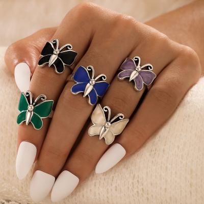 China FASHIONABLE HOVANCI Butterfly Ring Sets Gold Plated Crystal Acrylic Green Blue 5 Butterfly Decor Rings Sets for sale