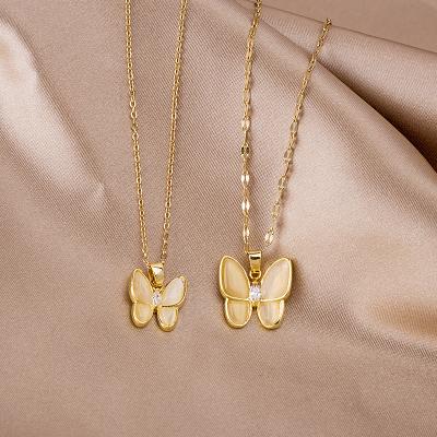 China HOVANCI FASHIONABLE titanium steel jewelry butterfly chain necklace cat eye bead chocker animal necklace for sale