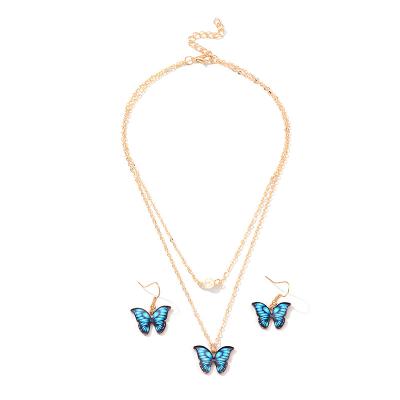 China HOVANCI 2020 New Sweet Colorful Butterfly Necklace Earring Lead Free Nickel Set Double Layered Clavicle Chain Butterfly Necklace Set for sale