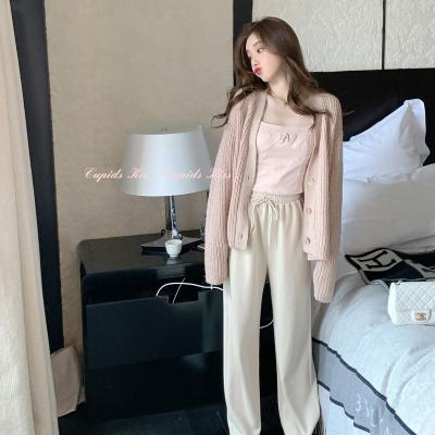 China Anti-Wrinkle CSK Pants Casual High Waist Drawstring Comfortable Cream High Quality Drawstring Slim Loose Wide Leg Pants Women for sale