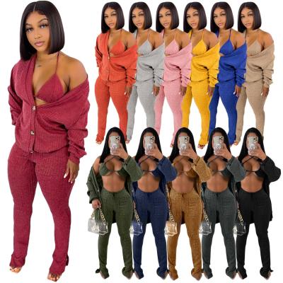 China Cute Winter QUICK DRY QUICK DRY Slit Pants 3 Piece Knit Yarn Set 3 Piece Sweater Set Top Bra Top Long Pants 3 Piece Set for sale