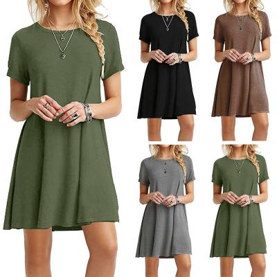 China New Arrival Solid Short Sleeve Anti-Static Knee-Length Casual Dress Anti-Static Skirts Simple Summer Women Dresses Casual Summer for sale