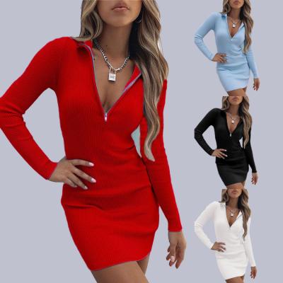 China Autumn And Winter New Arrivals Women'S Fashion Solid Color Zipper Cuffed Long V Waist Breathable Deep Sleeve Breathable High Dresses Elegant Women Lady for sale