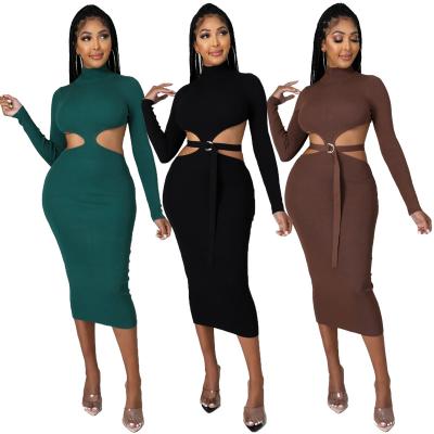 China The new autumn/winter women's fashion temperament anti-static adjustment dresses women's lady's elegant solid color thin dress anti-static buttocks the 2021 long for sale