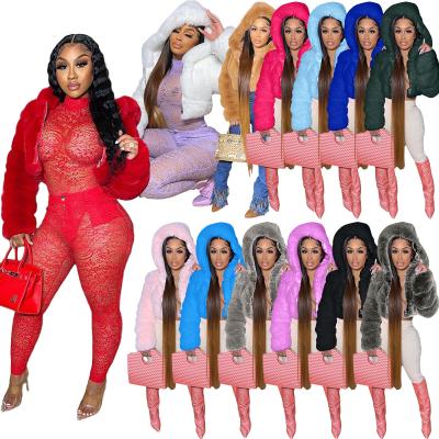 China wholesale 2021 Winter New Fashion Fox Fur Coat Short Hooded Anti-Wrinkle Zipper Soft Faux Fur Coat In Red Pink Blue Wholesale Fur Coat For Ladies for sale