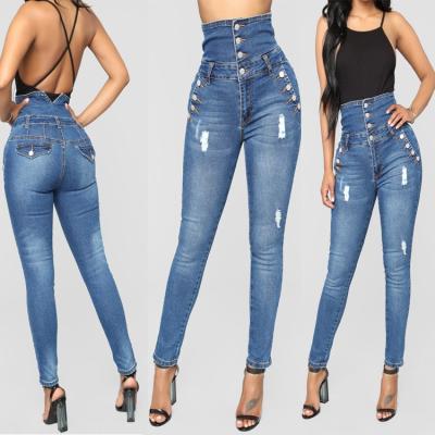 China Waterproof Custom Women's Blue Jeans Waist Pants New Waterproof Four-Breasted High Stretch Slim Jeans Pencil Pants Stretch Jeans Women for sale