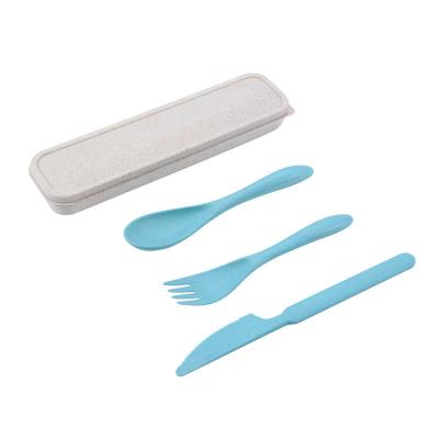 China Amazon Viable Hot Selling Korean Wheat Straw Cutlery Set Tableware Set Spoon Fork Knife Portable Three-Piece Tableware Set for sale