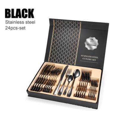 China Sustainable Amazon Top Sale 1010 Stainless Steel 24 Piece Dinnerware Set Black Knife Fork Spoon Gift Box Cutlery Western Style Set for sale