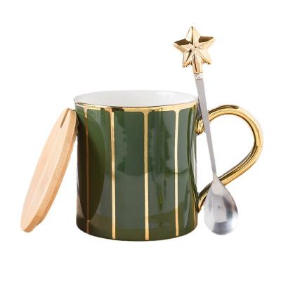 China Sustainable Supplier Custom Mug Set Gold To Handle Nordic Ceramic Coffee Mugs With Lid And Spoon for sale