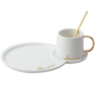 China Viable Nordic Creative Ceramic Gold Handle Coffee Cup Mug Set With Spoon And Dessert Dish for sale