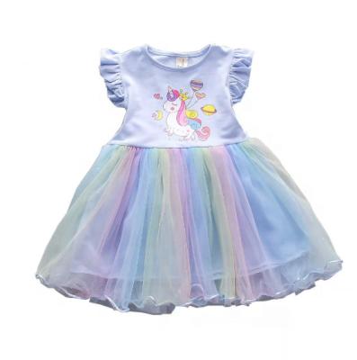 China 2022 Breathable Babies Dress Summer Children Wear New Rainbow Pony Vibrant Color Mesh Stitched Sleeveless Dress for sale