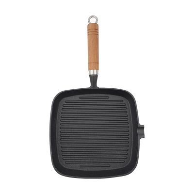 China Minimalist Thickened Cast Iron Steak Pan 24cm Handle Casserole Square Uncoated Square Wooden Steak Skillet for sale