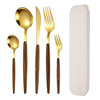 China Viable Portable Stainless Steel Cutlery Set Portable Outdoor Wooden Travel Picnic Grain Knife Fork Spoon Western Set for sale