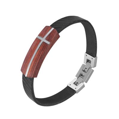 China FASHIONABLE wholesale red wood bracelet stainless steel black leather cross bracelet for men for sale