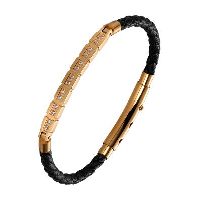 China FASHIONABLE Charm 3A Chunky Zircon PU Leather Custom Gold Plated Bangle Designer Bangles Shiny Mens Bangle Jewelry for sale